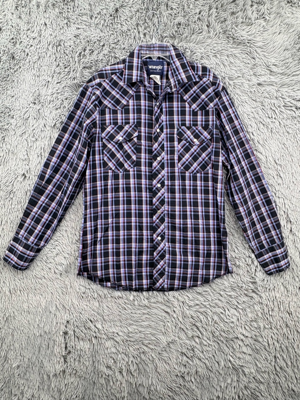 Vintage Wrangler Sport Western Shirt Mens Medium Pearl Snap Blue Plaid Flannel